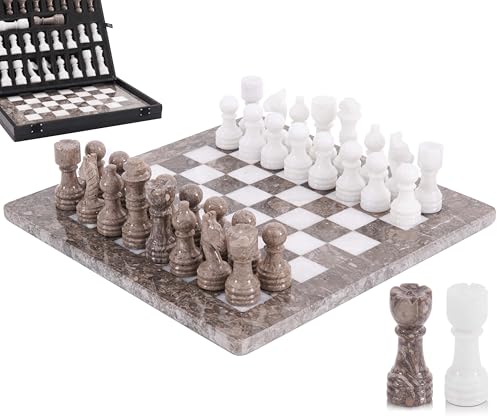 Marble Chess Set for Adults 12" Handmade Board Game with 32 Chess Pieces, 2 Extra Queens & Storage Box, Luxury Travel Game, Elegant Gift for Home Decor (Oceanic & White) von MARBLE RANGE