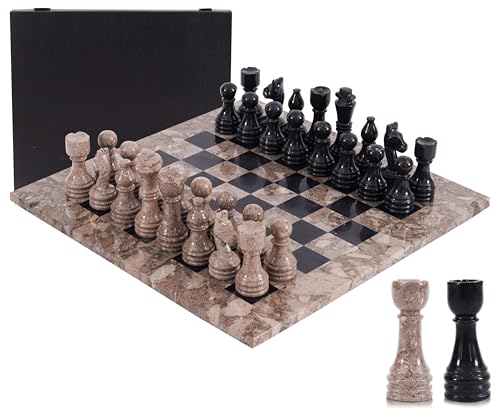 Marble Chess Set for Adults 15" Handmade Oceanic & Black Board Game with 32 Chess Pieces, 2 Extra Queens & Storage Box, Luxury Travel Game, Elegant Gift for Home Decor von MARBLE RANGE