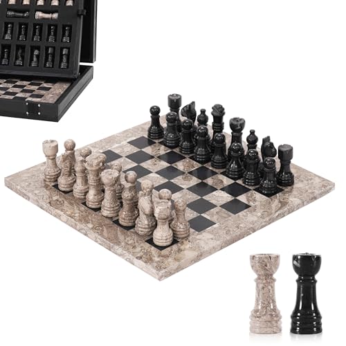Marmor-Schach-Set, 25,4 cm, Ozeanisches & Schwarz, handgefertigtes Schach-Set für Erwachsene, Marmor-Brettspiel für Familie mit Aufbewahrungsbox und 2 extra Königin, ideales Reise-Schach-Set & von MARBLE RANGE