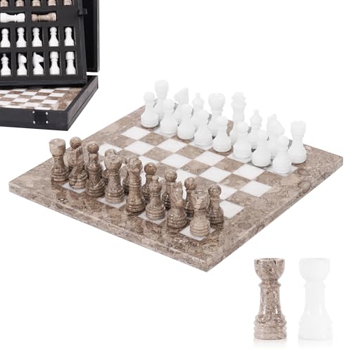 Marmor-Schach-Set, 25,4 cm, Ozeanisches & Weiß, handgefertigtes Schach-Set für Erwachsene, Marmor-Brettspiel für die Familie mit Aufbewahrungsbox und 2 Extra-Königin, ideales Reise-Schach-Set & von MARBLE RANGE