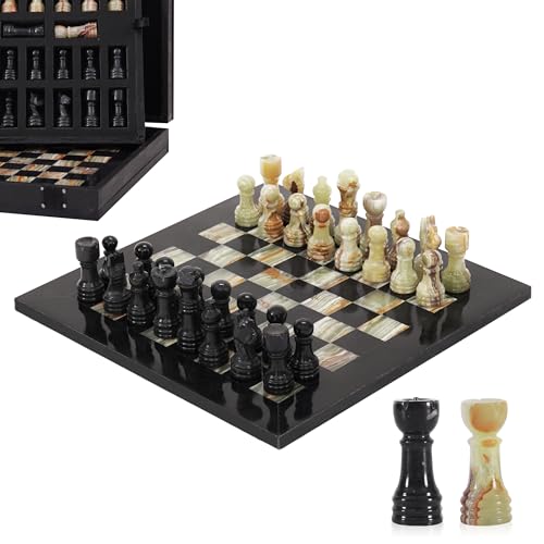 Marmor-Schach-Set, 25,4 cm, Schwarz & Grün, handgefertigt, für Erwachsene, Marmor-Brettspiel für die Familie mit Aufbewahrungsbox & 2 Extra-Königin, ideales Reise-Schach-Set & Heimdekoration von MARBLE RANGE