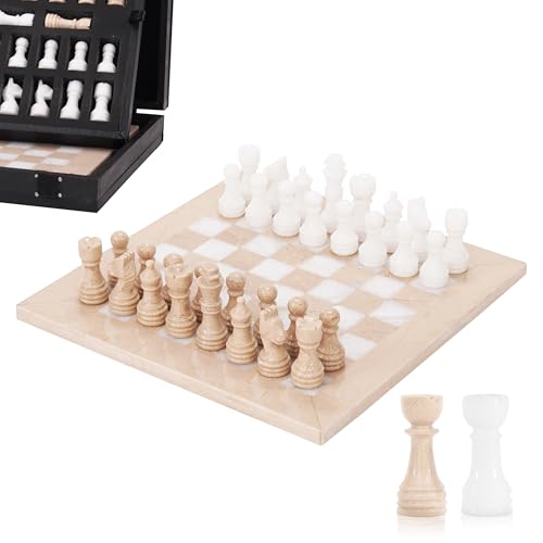 Marmor-Schach-Set, 25,4 cm, Verona & Weiß, handgefertigte Schachsets für Erwachsene, Marmor-Brettspiel für die Familie mit Aufbewahrungsbox und 2 Extra-Königin, ideales Reise-Schach-Set & von MARBLE RANGE