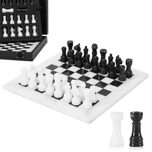 Marmor-Schach-Set, 25,4 cm, Weiß & Schwarz, Handgefertigte Schachsets für Erwachsene, Marmor-Brettspiel für Familie mit Aufbewahrungsbox & 2 Extra-Königin, ideales Reise-Schach-Set & Heimdekoration von MARBLE RANGE