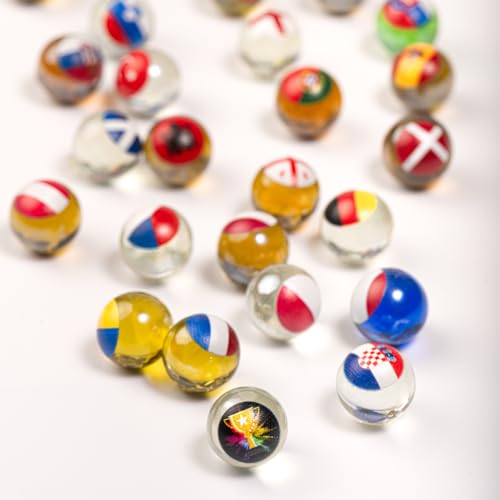 MARBLEFLAGS Europameisterschaft 25 Murmeln für Kinder, aus Glas, mit Flaggen der Weltmeisterschaft, 16 mm, ideal für Murmelbahnen und Murmelrennen von MARBLEFLAGS