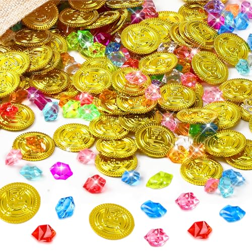 MARFOREVER 246 Pcs Pirate Treasure Gems and Gold Coins Plastic Gems Jewels Fake Pirate Gold Coins Pirate Party Decorations for Halloween Pirate Adventure Birthday Party Decor von MARFOREVER