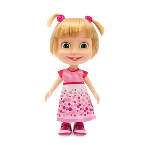 MASHA & THE BEAR - 23 cm hohe Masha-Puppe, ikonische Figur aus der Serie Mascha und der Bär mit Geburtstagsparty-Kleid und Haarschleifen, geeignet für die Kleinsten von MASHA & THE BEAR