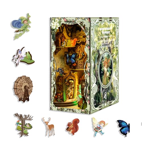 MATAHARAGA DIY Waldfee Buch Nook Kit Beleuchtetes Holz Bücherregal Diorama mit Staubschutz Magisches Waldmotiv von MATAHARAGA