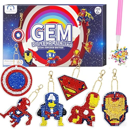 MATHARAGO Diamond Art For Kids 6 Pcs DIY Diamond Painting Marvel Keyrings Set, Painting By Number Gem Keychains Craft Kits For Kids Ages 6-12, Gifts For Birthday, Back To School von MATHARAGO