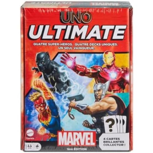 Mattel Games UNO Ultimate Marvel - Kartenspiel Französische Fassung, Superhelden-Design, Captain Marvel, Iron Man, Black Panther, Thor, Spezialregeln, ab 7 Jahren, HPT47 von MATTEL FRANCE