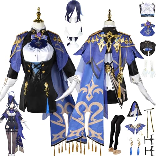 MAXCBD Genshin Impact Clorinde Cosplay Kostüm Outfit Spiel Charakter Uniform Full Set Frauen Mädchen Halloween Karneval Dress Up Anzug mit Kopfschmuck/Perücke/Hut/Ohrringe (L) von MAXCBD