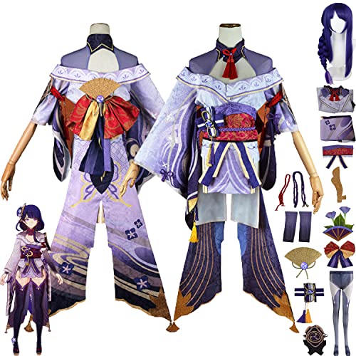 MAXCBD Genshin Impact Raiden Shogun Cosplay Kostüm Outfit Spielcharakter Lynette Uniform Komplettes Set Halloween Party Dress Up Anzug mit Kopfschmuck Perücke für Frauen Mädchen (XXXL) von MAXCBD