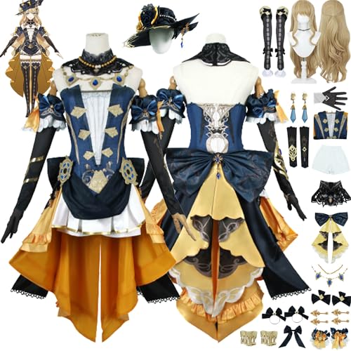 MAXCBD Spielcharakter Navia Cosplay Kostüm Outfit Genshin Impact Uniform Komplettes Set Halloween Party Dress Up Anzug mit Perücke Hut Kopfschmuck Ohrringe für Frauen Mädchen (L) von MAXCBD