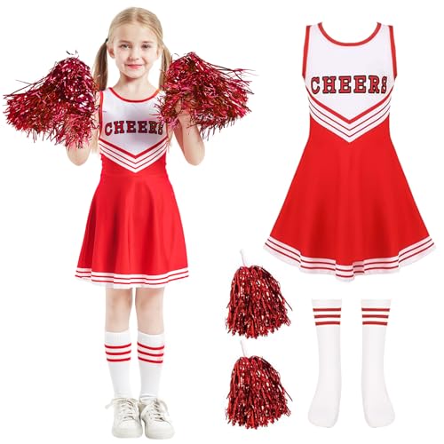 MAXHJX Cheerleader Kostüm Kinder Kleid: Faschingskostüme kinder Cheerleading - Cheer Uniformen mit Pompons Socken für Halloween Dress Up Fasching Party Kostüm (Rot, 120(5-6 Jahre)) von MAXHJX