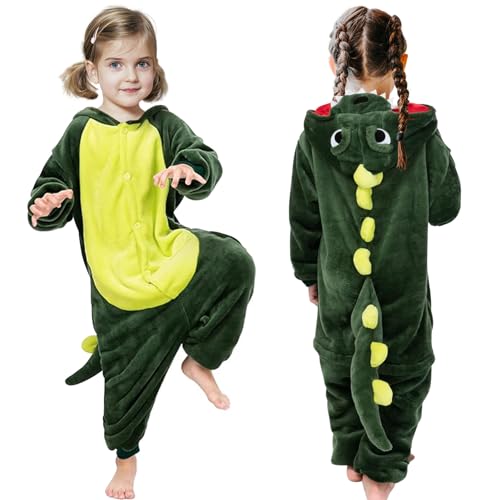 MAXHJX Dino Onesie Kostüm für Kinder: Unisex Tier Dinosaurier Overall - Dinokostüm Schlafanzug mit Kapuze für Karneval Halloween Cosplay Kostüm Outfit (Dino, 100(2-3 Jahre)) von MAXHJX