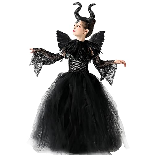 MAXHJX Mädchen Maleficent Kostüm mit Flügel, Prinzessin Tüllkleid Festkleid Engelsflügel Halloween Fasching Karneval Verkleidung Partykleid Outfits (L 120-135 cm) von MAXHJX