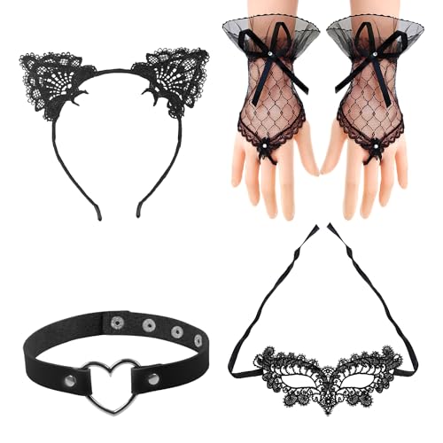 4-Teiliges Schwarzes Katzenkostüm-Set, Damen-Halloween-Kostümzubehör, Katzen-Verkleidungswerkzeuge, Set-Zubehör, Geeignet Für Partys, Halloween, Weihnachten Und Andere Besondere Feiertage (Schwarz) 4-Teiliges Schwarzes Katzenkostüm-Set, Damen-Halloween-Kostümzubehör, Katzen-Verkleidungswerkzeuge, Set-Zubehör, Geeignet Für Partys, Halloween, Weihnachten Und Andere Besondere Feiertage (Schwarz) von MAXQUU