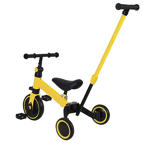 MAYMAR Kinderkraft Dreirad für Babys, erweiterbar, Dreirad, 2-in-1, kombiniert Trolley und Fahrfunktion, Geschenk für Babys 1 – 5 Jahre ohne Bremsen (03, gelb) von MAYMAR
