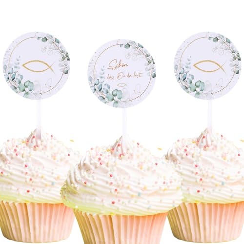 MBAIYO 24 Stück Cake Topper Kommunion Schön dass du da bist, Fisch Cupcake Deko Kommunion Konfirmation Tortendeko Muffin Deko Tortenstecker für Kuchen Fondant Dessertdeko Geburtstag Hochzeit Party von MBAIYO