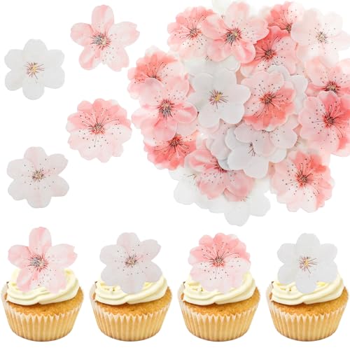 MBAIYO 50 Stück Kirschblüten Tortendeko Blumen Essbar, Essbare Blumen für Torte aus Esspapier Cupcake Topper Blüten Deko Torte Rosa Waffel Papier Kuchen Deko für Hochzeit Geburtstag Party Baby Dusche von MBAIYO