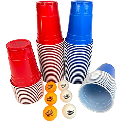 MBP My Beer Pong Beerpong Becher Set 50 Rot + 50 Blaue Becher + 3 Bälle in Orange + 3 Bälle Weiss US Becher 16 oz (473ml) - Wiederverwendbar - Spülmaschinfest von MBP My Beer Pong