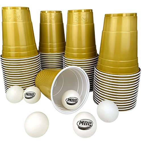 MYBEERPONG® Goldenes Bierpong Becher Set | 100 Gold Cups + 6 Beer Pong Bälle | 16 oz (~ 0,5 l) | Party Becher für Feier, Festival & als Geschenk von MBP My Beer Pong