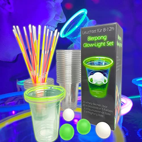 MYBEERPONG® Bierpong Becher Set Glow-Light mit 20 Plastik Bechern + 20 Knicklichter (12h Leuchtkraft) in 5 Farben (Rot, Blau, Pink, Gelb, Grün) - 4 Beerpong Bälle von MBP My Beer Pong