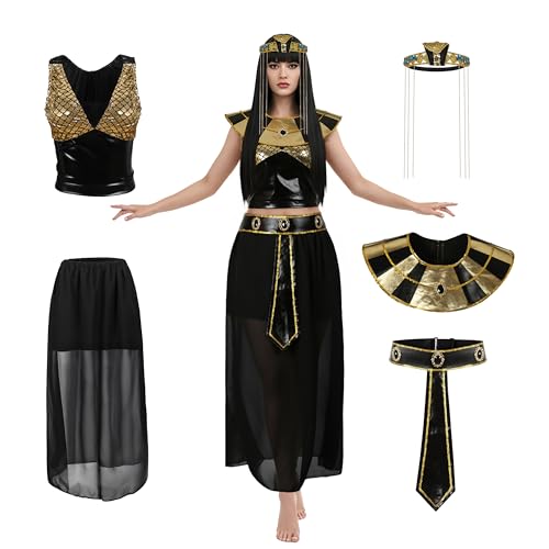 MCJC Ägyptische Königin Kostüm, Schwarz und Gold Göttin Kleid, Damen Halloween Cleopatra Outfit mit Kragen, Gürtel und Kopfbedeckung, Schwarz, 2X-large size von MCJC