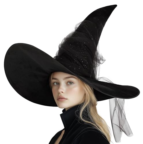 MCJC Deluxe Halloween Hexenhut schwarz glitzernder Tüll breite Krempe Kostüm Party Zubehör von MCJC