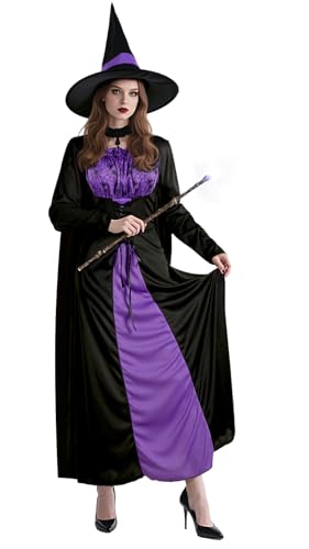 MCJC Halloween Hexenkostüm für Damen, schwarzes und violettes langes Kleid mit Spinnennetz-Design, Hexenhut inklusive von MCJC