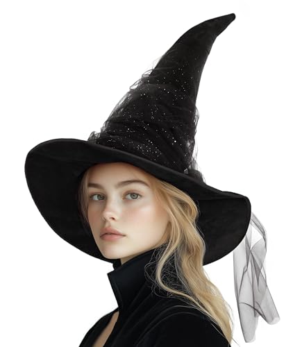 MCJC Hexenhut, schwarzer glitzernder Tüll, breite Krempe, Halloween-Kostüm, Party-Accessoire von MCJC