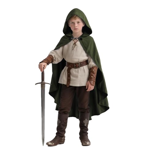 MCJC Mittelalterlicher Kapuzenumhang für Kinder, Renaissance-Umhang mit dekorativem Verschluss, Halloween-Kostüm, Grün, Größe L von MCJC