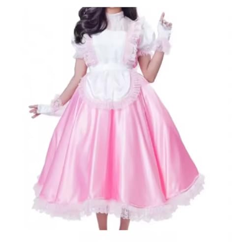 MCORKHUEIRGH Cosplay Lockable Satin Long Mid Neck Indie Apron Dress Gothic Maid Halloween Costume Customized,pink,5XL von MCORKHUEIRGH