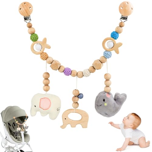 MCTNCT Kinderwagenkette aus Holz, Spielzeug mit Glocke für Kinderwagen, Holz, schönes Design Wal und Elefant, für Babys und Kleinkinder ab 3 Monaten von MCTNCT