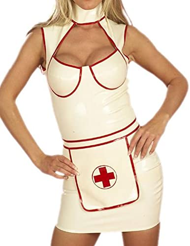 Latex Rubber Cosplay Maid Dress White sexy cosplay nurse uniform party XS-XXL 0.45mm,ivory,XXL von MCWJ