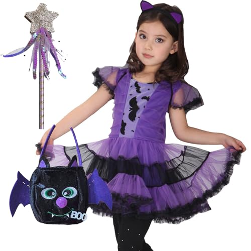 Fledermaus Halloween Kostüm Mädchen, Hexe Cosplay Kostüm Kinder Fledermaus Kleid mit Handtasche Lila Leuchtendes Tutu Rock Haareif Zauberstab Tutu Kleid Set für Kinder Halloween Cosplay Party（M） von MDJEWV