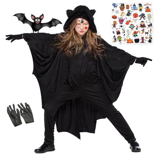 MDJEWV Halloween Kostüm Kinder, Fledermaus Kostüm Kinder Umhang mit Kapuze, Halloween Costume Umhang Fledermaus mit Handschuhe und 20 Tattoo-Aufkleber, Kostüm Halloween Kinder Jungen Mädchen, 128-134 von MDJEWV