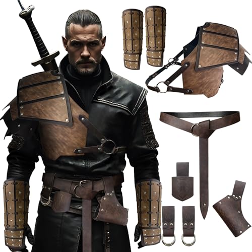 MDJWIANJ Herren Mittelalterliche Renaissance Wikinger Cosplay Schulter-Leder-Zubehör-Set, Ritter-Ren-Faire-Set mit Schulterpanzer-Gürtel-Armbändern, Braun, 8-teilig von MDJWIANJ