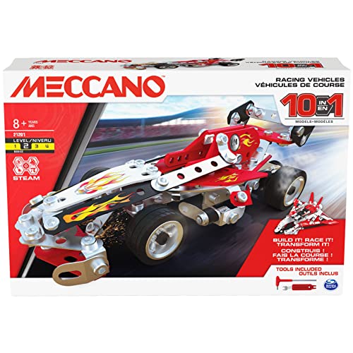 MECCANO 10-in-1 Rennfahrzeuge STEM Modellbausatz mit 225 Teilen und echten Werkzeugen, Kinderspielzeug ab 8 Jahren, 6060104 von MECCANO