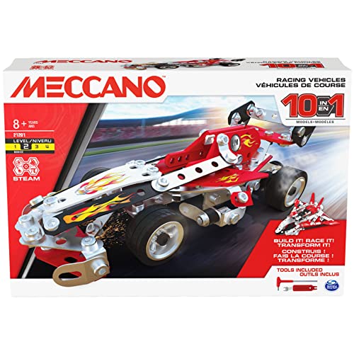 SPIN MASTER MECCANO 10-in-1 Rennfahrzeuge STEM Modellbausatz mit 225 Teilen und echten Werkzeugen, Kinderspielzeug ab 8 Jahren, 6060104 von MECCANO