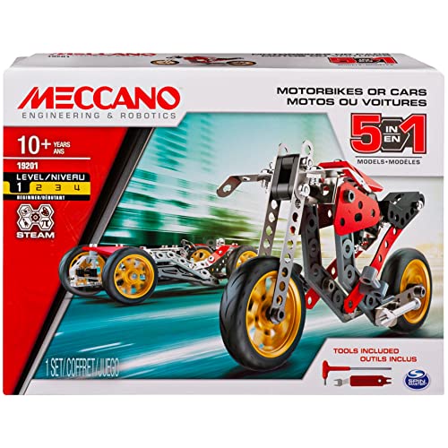 MECCANO - Auto und Motorrad 5 Modelle – Erfindungskoffer mit 132 Teilen und 2 Werkzeugen – Bauspiel – 5 Verschiedene Modelle von Fahrzeugen zum Bauen – 6053371 – Spielzeug für Kinder ab 10 Jahren von MECCANO
