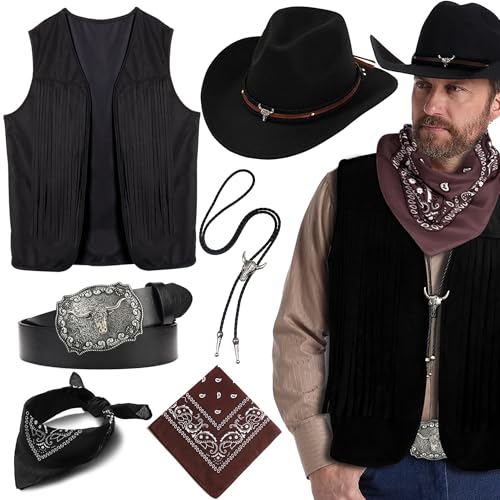 MEDOJO Cowboy-Outfit für Herren, Cowboyhut, Cowboy-Quaste, Weste für Halloween, Cosplay, Western-Kostüm, Zubehör, Schwarz von MEDOJO