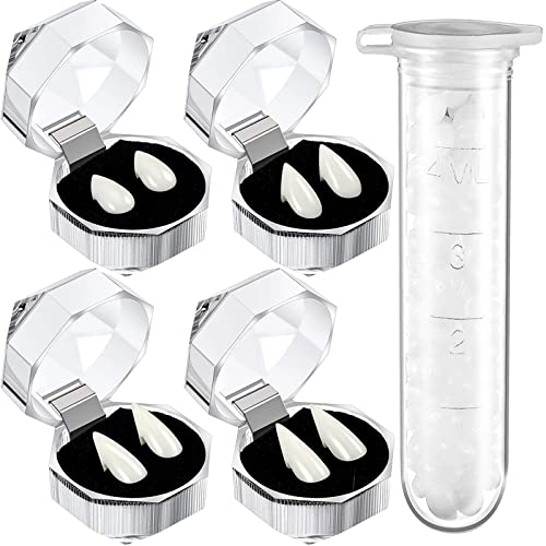 MEEHYRE 4 Paar Vampirzähne Vampirzähne Gefälschte Zahnprothesen mit 1 Tube Zähne Pellets Kleber für Cosplay Halloween Party Maskerade Zubehör von MEEHYRE