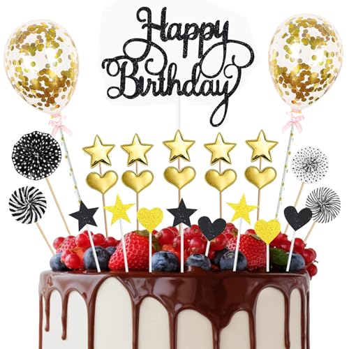 MEETOZ Happy Birthday Cake Topper, 25pcs Black Gold Glitter Happy Birthday Cake Topper with Star Heart Paper Fan Balloon, Birthday Cupcake Topper for Girls Boys Anniversary Birthday Party Decor MEETOZ Happy Birthday Cake Topper, 25pcs Black Gold Glitter Happy Birthday Cake Topper with Star Heart Paper Fan Balloon, Birthday Cupcake Topper for Girls Boys Anniversary Birthday Party Decor von MEETOZ