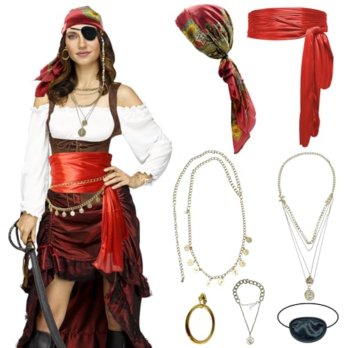 Piratenkostüm-Zubehör-Set für Damen, Kopftuch, Schärpe, Kette, Gürtel, Halskette, Augenklappe für Erwachsene, Rot/Ausflug, einfarbig (Getaway Solids), Einheitsgröße von MEFINESHOW