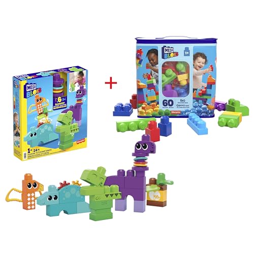 MEGA Bloks Bundle Pack - Großer Bausteinebeutel (DCH55) + Sensorisches Spielzeug (HKN43), fördert Kreativität und Fantasie mit bunten Bausteinen und Dinos, für Kleinkinder ab 1 Jahr von MEGA Bloks