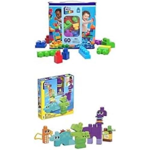 MEGA BLOKS Bundle Pack - Großer Bausteinebeutel (DCH55) + Sensorisches Spielzeug (HKN43), fördert Kreativität und Fantasie mit bunten Bausteinen und Dinos, für Kleinkinder ab 1 Jahr von Mega Brands