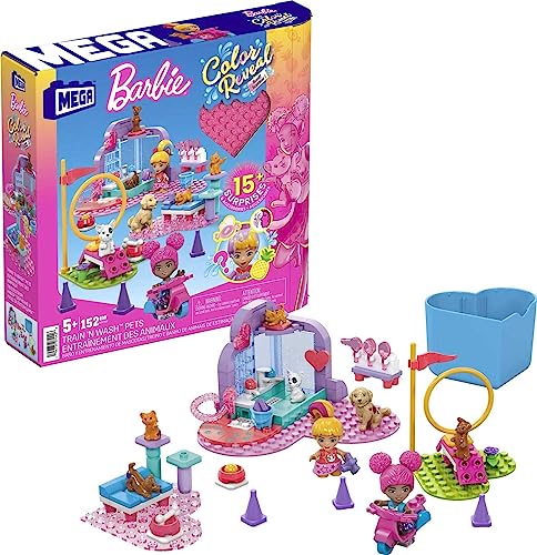 Mega HHP89 - Barbie Color Reveal Bauspielzeug, Tiere zum Trainieren und Waschen mit 2 kleinen Barbie-Puppen, Zubehör, 6 Tieren, Farbwechsel und 15 Überraschungen, Konstruktionsspielzeug ab 5 Jahren von Mega