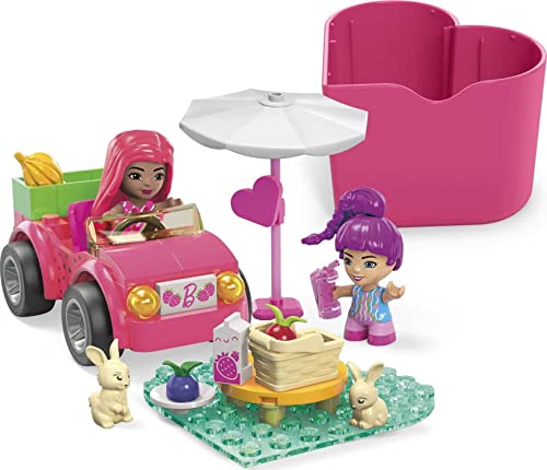 MEGA HKF90 - Barbie Color Reveal Bauspielzeug, Cabrio-Ausflug mit 2 kleinen Barbie-Puppen, Zubehör, 2 Tieren, Farbwechsel und 10 Überraschungen, Konstruktionsspielzeug für Kinder ab 4 Jahren von MEGA WONDER BUILDERS