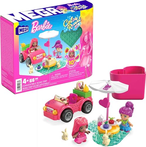 MEGA HKF90 - Barbie Color Reveal Bauspielzeug, Cabrio-Ausflug mit 2 kleinen Barbie-Puppen, Zubehör, 2 Tieren, Farbwechsel und 10 Überraschungen, Konstruktionsspielzeug für Kinder ab 4 Jahren von MEGA WONDER BUILDERS