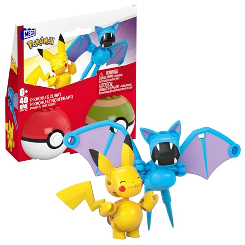 MEGA Pokémon Actionfigur Bauspielzeug-Set, zusammenbaubarer und beweglicher Pikachu und Zubat mit 40 Teilen und Pokébällen, für Kinder, HXP12 von MEGA WONDER POKEMON